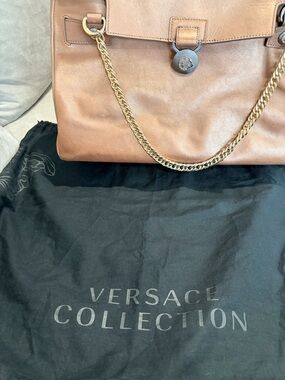 Versace Collection Brown Leather Shoulder Bag with Gold Chain